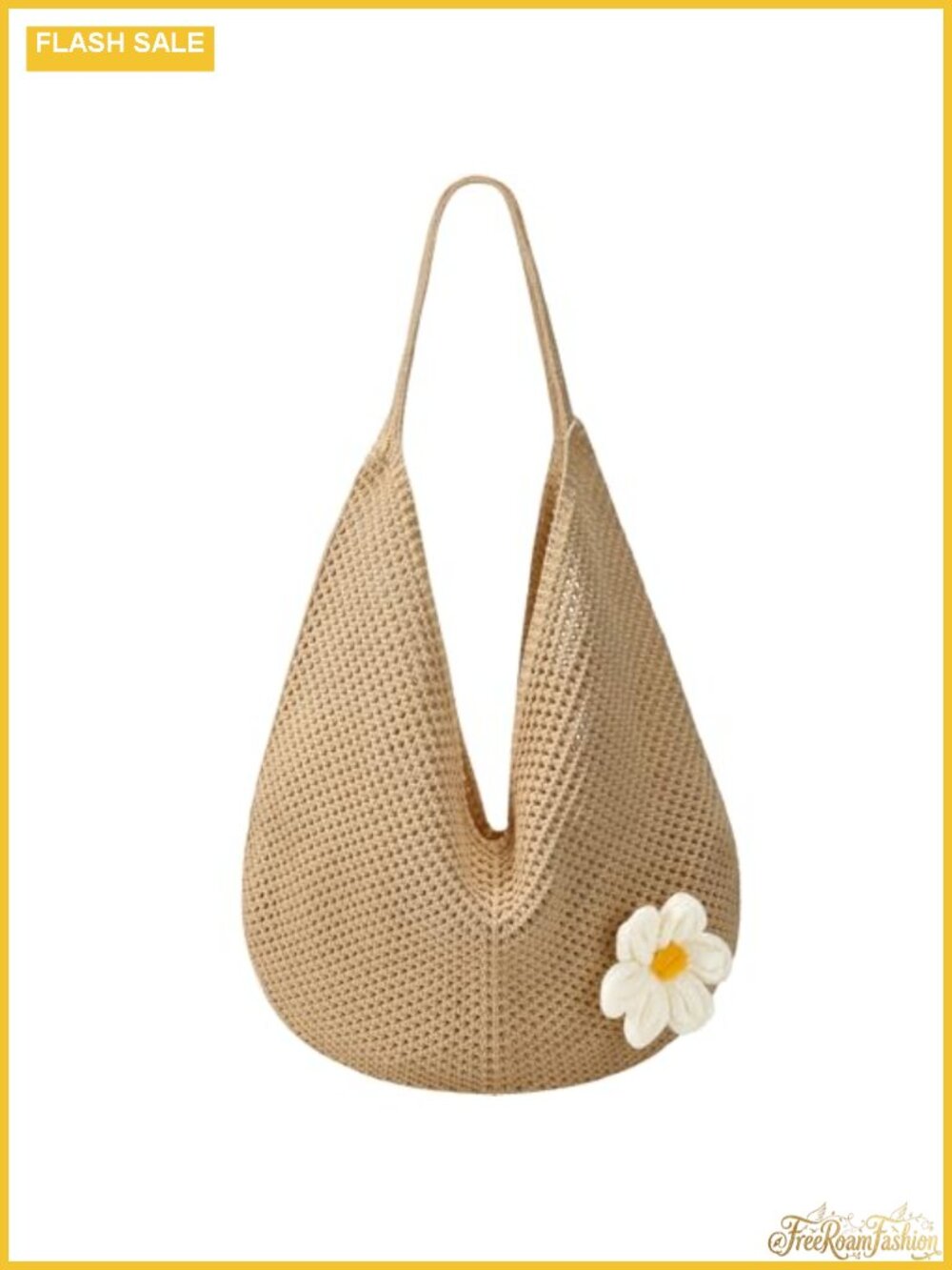 Crochet Beach Tote Bag for Women, Large Summer Knit Bag, Floral Pin